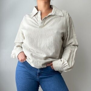 Structure Striped Linen Cotton Lagenlook Oversized Long Sleeve Top Large